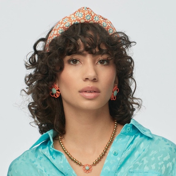 NWT LELE SADOUGHI Marigold Embroidered Knotted Headband Papaya Orange and Blue main image 4
